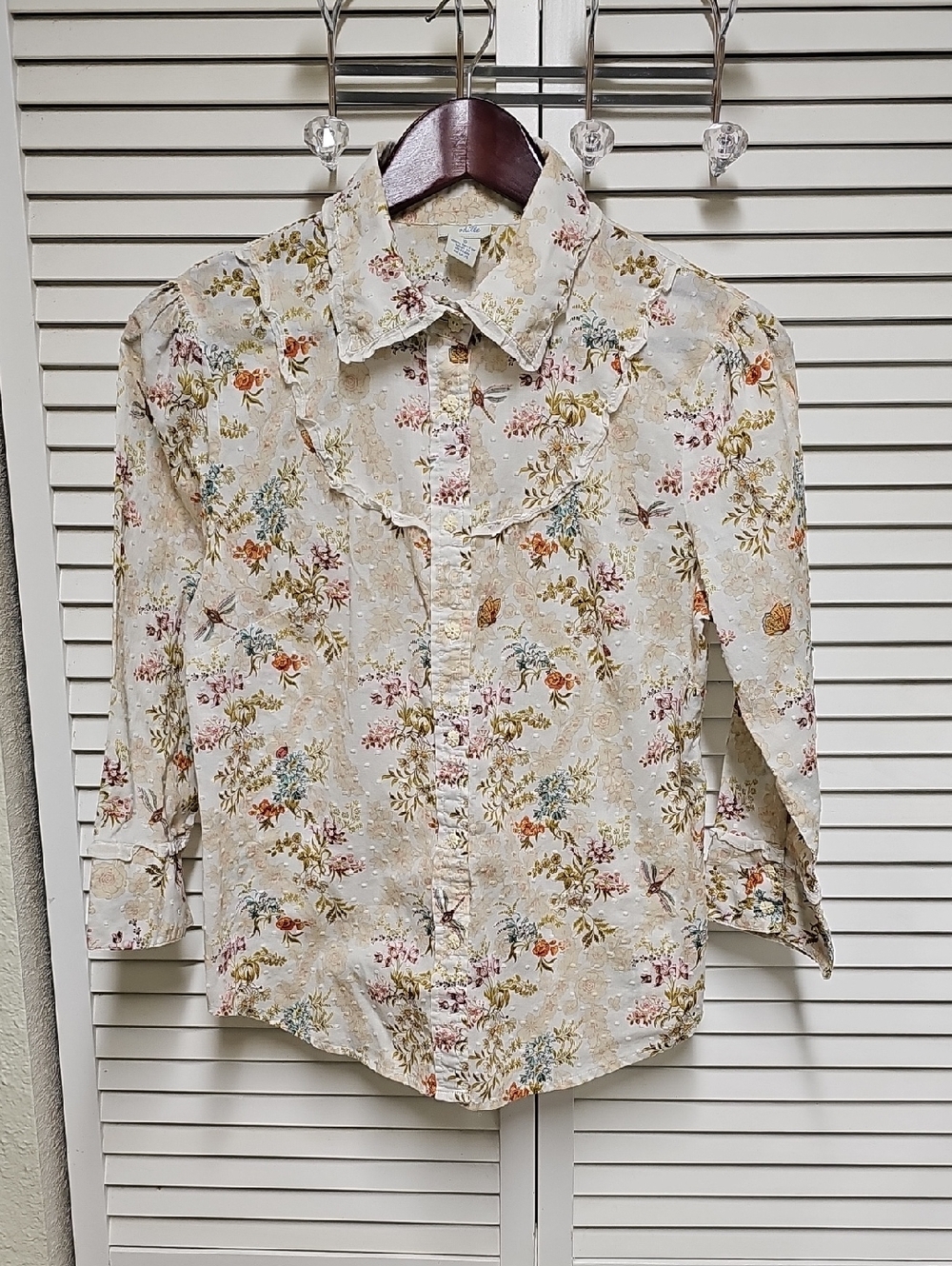 EUC Athropologie Floral Ruffled Button-Up Blouse Butterflies 100% Cotton Sz 10